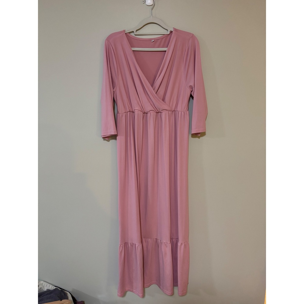 Cottagecore Romantic Maxi Dress L Pink Faux Wrap Surplice Tiered